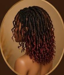 Short curly locs with burgundy ends