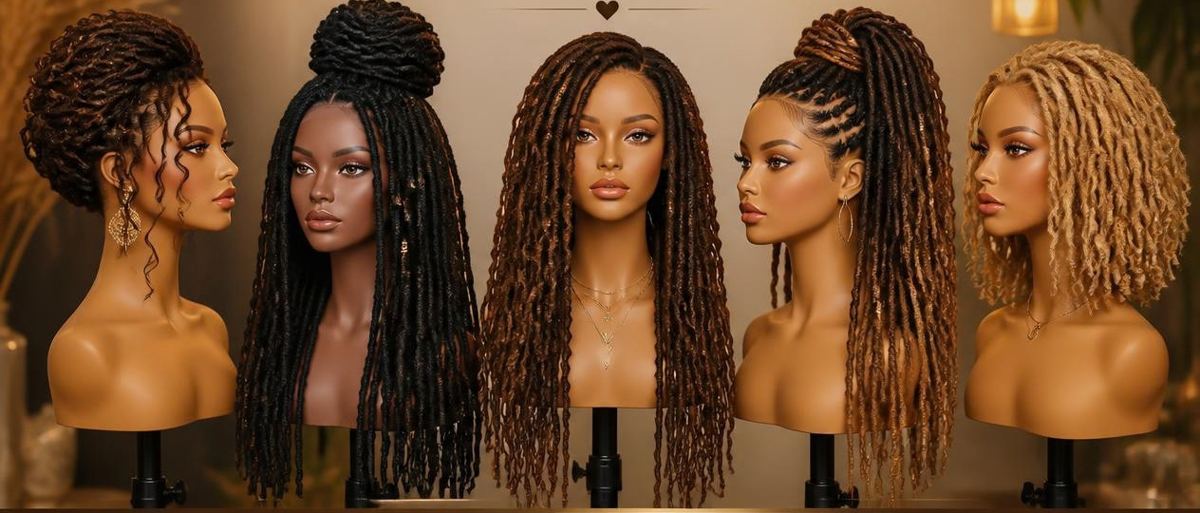 Five crochet-loc styles on display: curly updo, high bun, long centre part, braided ponytail and blonde bob